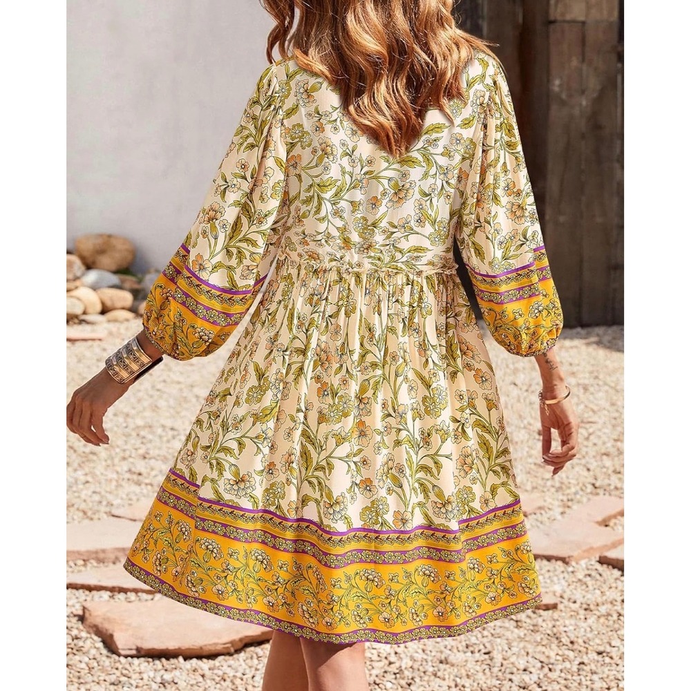 BTFBM Floral Boho Midi Dress Women M V-Neck Balloon Sleeve Peasant Festival Folk - Picture 2 of 11